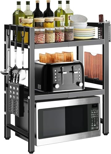 FEFE® 2 Tier Heavy Duty Extendable Adjustable Microwave Oven Stand Kitchen Organiser Tidy Oven Rack, 2-Tier Counter Shelf and Organizer 3 Hooks, Carbon Steel Shelf, 55lbs Weight Capacity
