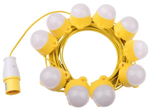 Bright Source 20m 110v LED Site Lighting Festoon Kit, 4000K Cool White, IP44 & IK10 Rated, Construction Bright Yellow High Visibility