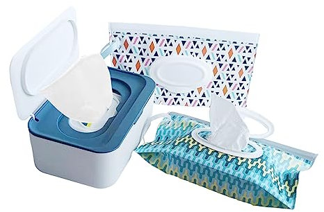 Wipes Dispenser with 2Pcs Portable Refillable Wipe Holder,Reusable Large Wipe Holder Box Flushable Wipes Case Bathroom Wipes Container for Pet Nursery Kitchen Office Counter(White-Blue)