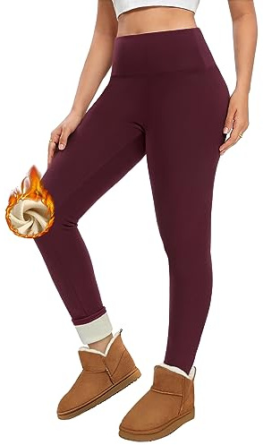 Voqeen fleecefodrade leggings för kvinnor med hög midja, tjocka byxor, mjuka sherpa, tighta byxor, termisk magkontroll, stretchiga varma, vardagskläder, Vinrött, XXL