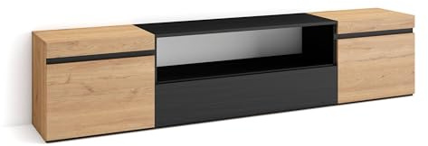 Skraut Home | TV-Schrank, Lowboard | für Wohnzimmer und Esszimmer | 200x45x35cm | Für TV-Geräte bis zu 80 | Fernsehtisch | Moderner Stil | Eiche Schwarz