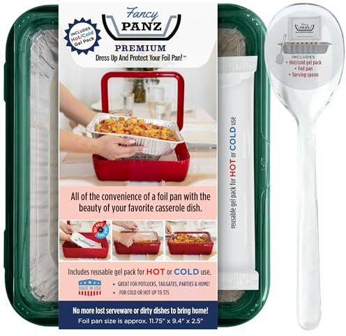 Fancy Panz - Green Premium Aluminum Foil Pan Carrier with Lid & Hot/Cold Pack - BPA Free, Made in the USA Elevated Food Serving Tray - Portable Casserole Carrier with Lid - Hosting Essentials
