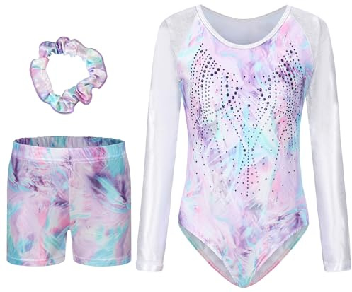 SEAUR Set med gymnastikdräkt, gymnastikshorts och hårsnodd, för flickor, barn, gymnastik, tröja, shorts, ärmlösa/långärmade danskläder, 5-6 År