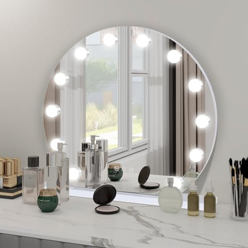 YU YUSING Hollywood Schminkspiegel mit Beleuchtung, 50cm 12 LED Licht Dimmbar Kosmetikspiegel 3 Modi, Rund Vanity Spiegel Badspiegel Tischspiegel Wandspiegel 10X Vergrößerung Schlafzimmer Schminktisch
