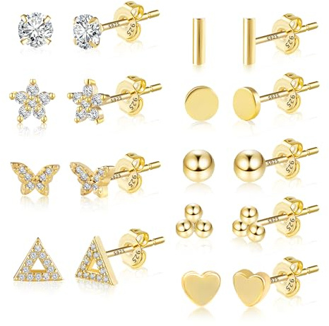 Orecchini a Bottone Piccoli per Donne, 9 Paia Argento Sterling Ragazze Orecchini a Bottone Piatto in Oro 14K con Sfera a Forma di Cuore Triangolo Farfalla CZ per piercing multipli