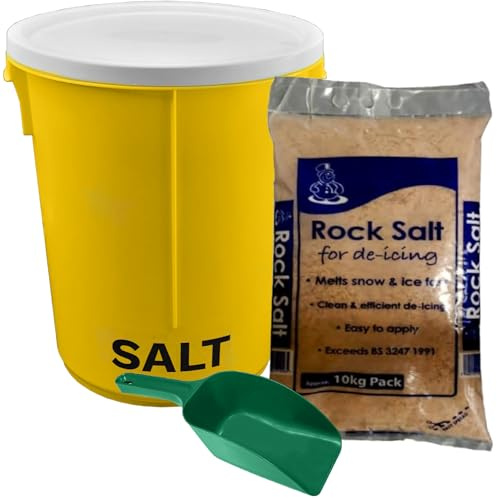 KetoPlastics 25L Yellow Grit Salt Bin 43cm with Lid and 10kg Brown De-icing Salt for Driveway, Path and Patio with Scoop