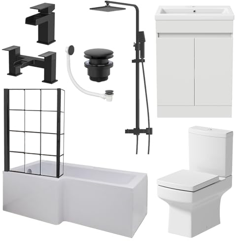 BAYSTONE Complete Bathroom Suite 1700mm L Shape LH Bath Black Grid Screen Basin Door Vanity Unit WC Thermostatic Mixer Shower Taps