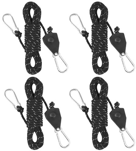 HIULLEN 4 Stück Reflektierend Abspannseile Seil, 2M Seilratsche mit Haken, 1/8 Zoll 4mm Ratchet Hanger, Einstellbare Seil Ratsche, Seil Seilhaken Ratsche Seilratsche für Freien Zelt Zeltplane Camping