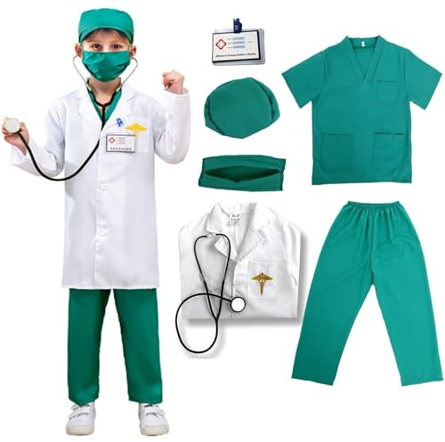 VNNOPG Barn doktor kostym läkare sjuksköterska outfit set barn rollspel kostymer maskeradkostymer med labbrock, mask och skrubbar kostym med tillbehör (140)