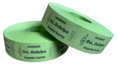 Bonrolle Belegtes Brötchen grün dreisprachig 2 Rollen je 1000 perforierte Abrisse fortlaufend nummeriert Gastro Festival Speisemarke Verpflegungsmarke Event Firmenveranstaltung Volksfest Jahrmarkt