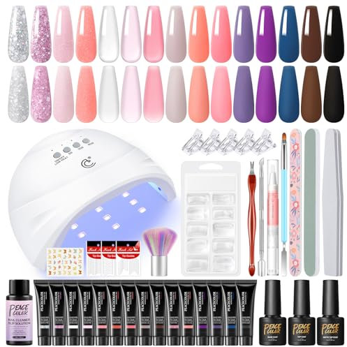 PEACECOLOR Kit Ricostruzione Unghie con Lampada LED+UV 15 Colori Rosa Viola Glittero set Poly Nail Gel Unghie Ricostruzione per Prolunga Kit Unghie Gel Completo
