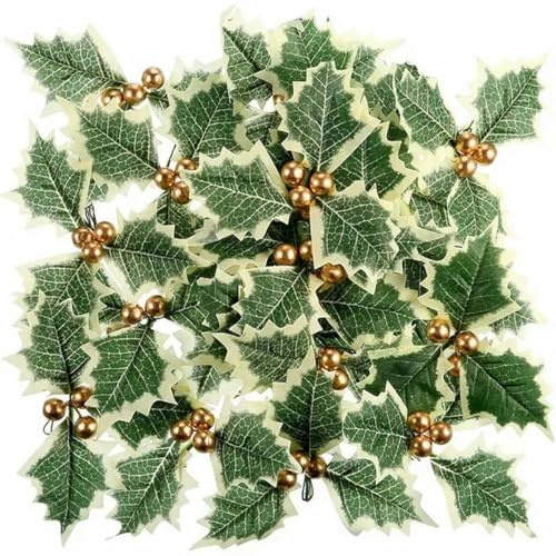 5/50 pezzi bacche di agrifoglio artificiali con foglie per ghirlande di Natale composizioni floreali regalo scrapbooking decorazioni per il nuovo anno-foglie dorate-50 pezzi
