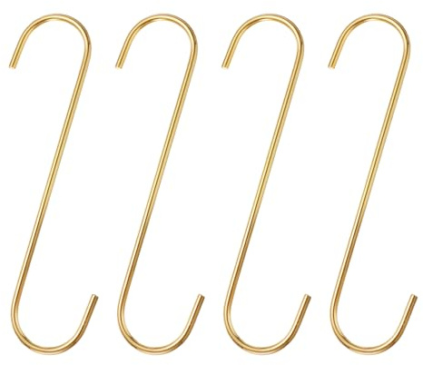 sourcing map 4pcs Long S Hooks 8 Inch Extra Long Metal S-Shaped Hanging Hooks High Manganese Steel S Hanger Storage Organizing Tool for Kitchen Garden Bathroom Garage Closet, Gold Tone