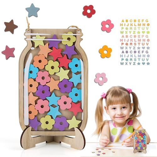 CIYIN Belohnungsglas für Kinder, Personalisiertes Belohnungsglas, Reward Jar with Star Tokens, Motivierendes Belohnungsglas Aus Holz für Heimschüler
