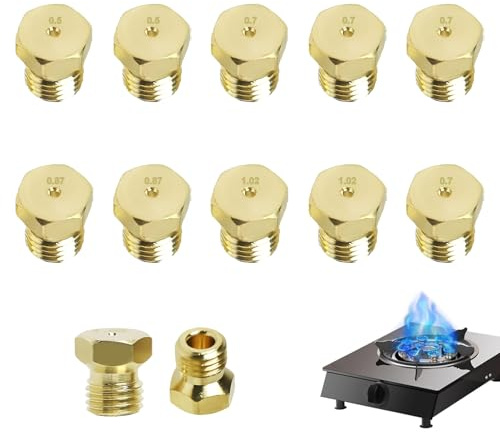 10 Stück LPG Propangasbrenner für Gasstrahl, Gasdüsen Einspritzdüsen, Umrüstkit für Gasherde und Backöfen, Verschiedene Größen (0,50/0,7/0,87/1,02 mm), M6 x 0,75 Gewinde, Langlebig Korrosionsbeständig