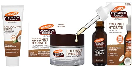 Palmer's Coconut Oil Formula Facial Care Set with Vitamin E – Includes Raw Coconut Sugar Facial Scrub 90g, Facial Moisturiser 50g, and Facial Oil 30ml for Smooth, Radiant, and Hydrated Skin | 3 Pack