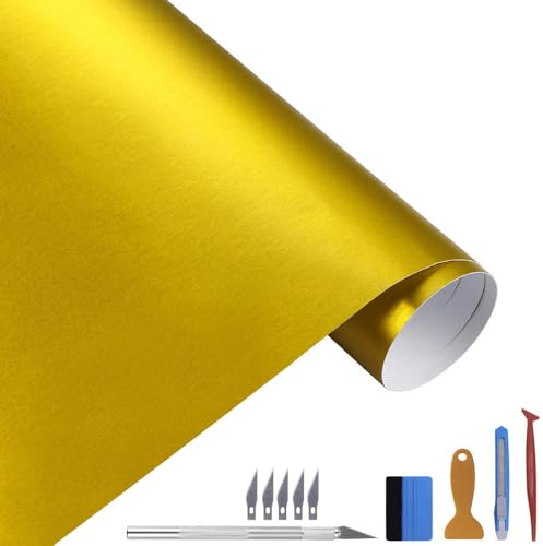 NewL Matt-Gebürst.-Edelstahl Chrom-Metallic Autofolie Gold 100 x 300 cm | Satin-Gebürst.-Optik, Montagewerkz. inkl., Luftablass-Technik, dehnbar, neu positionierb. Kleber, für Motor Laptop Möbel