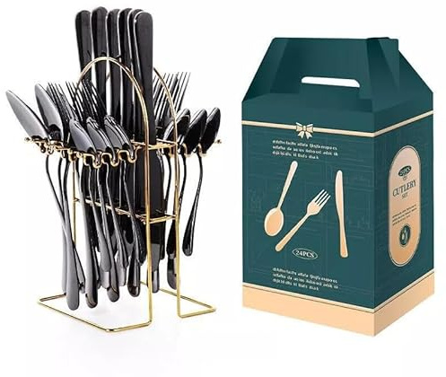 FATASH Cutlery Set with Stand (Black, 24 Piece) Stainless Steel Cutlery Set for 6 People, Dishwasher Safe Mirror Polished Knives, Forks, Spoons & Teaspoons with Hanging Organiser - Gift Box
