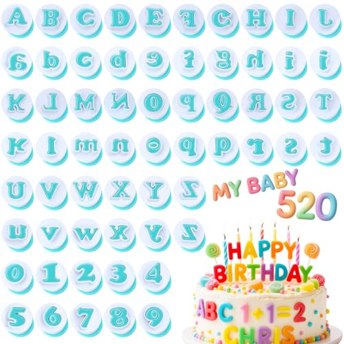 62PCS Alphabet Number Cookie Cutters Set – Fondant Letters Cutters A-Z Molds Personalised Biscuit Plunger Stamp, 3D Plastic Mould for Cake Decorating, DIY Baking Tools