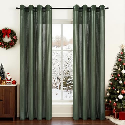 Topfinel Sheer Gardin set om 2 sovrum gardiner med öljetter gardin med vertikalt randigt mönster transparent voile Stores gardiner vardagsrum modern 140 x 225 cm grön