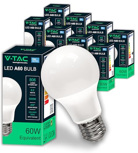 V-TAC 10x Lampadine LED E27 - [ Alta Efficienza 8,5W ] - A60 - (Equivalenti a 60W) - Lampadine di Nuova Generazione a Risparmio Energetico - 806 Lumen - Luce Bianca Calda 3000K