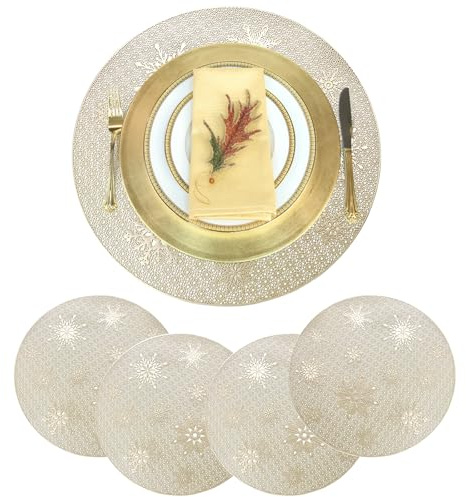 4 Stück Weihnachten Platzset Rund, PVC Platzsets Schneeflocke, Weihnachtliche Tischsets Runde Platzdeckchen Abwaschbar Weihnachten Hitzebeständig Tischset für Tischdekoration (A-4pcs)