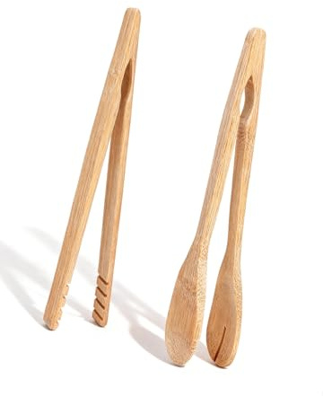 Celtrum 2 Pack Bamboo Toast Tongs, Wooden Toaster Tongs Set with 20cm Round Head & 18cm V-Shape, Kitchen Tongs for Bread, Fruits, Salad, BBQ & Cooking