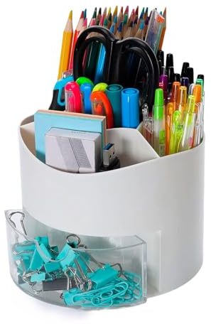 ESSOSWAY Schreibtisch Organizer - 360° Drehbar - Stiftehalter - 5 Sortierfächer Schublade - Büro Home Office Schule Zubehör - Weiß