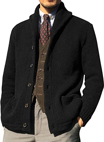 Cárdigan de Algodón Hombre con Botones Chaqueta Punto Hombre de Manga Larga con Cuello Tejido de Lana Sólida de Ocio a la Moda Abrigo de Punto con Bolsillos (D-Black, XXL)