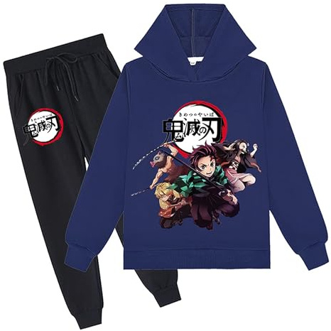 Satdflie Giapponese Anime Demon Slayer Lounge Wear Sets Maglietta a maniche lunghe Pullover con pantaloni 2 pezzi Outfits Unisex Maglietta a cappuccio Set completo, blu marino, S