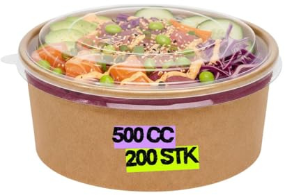 Inoverse 200 stycken kraftiga salladsskålar med lock 500 ml – papperssalladsskålar To Go, salladsskålar, engångspappersskålar för sallader soppor, müsli snacks, runda ta bort skålar av hårt papper