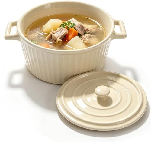 LUPATDY Auflaufform Keramik mit Deckel, 1.2L Keramische Ramen Schüssel Groß, Mini-Cocotte mit Griffen für Lasagne, Ramen, Backen, Runde Backformen für Backofen, Mikrowellenherd, Cremeweiß