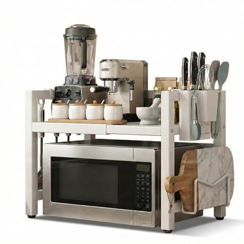 ANGAHE Soporte Microondas Extensible Acero al Carbono 40-64cm 20Kg | Mueble para Microondas encimera, estante y marco microondas cocina, 6 ganchos, 2 cubos utensilios, ahorra espacio