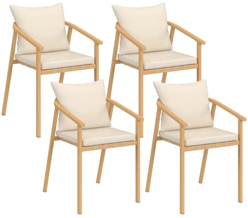 IDMarket - Set aus 4 Gartenstühlen Malta Metallgestell in Holzoptik, Riemen und Kissen in Beige