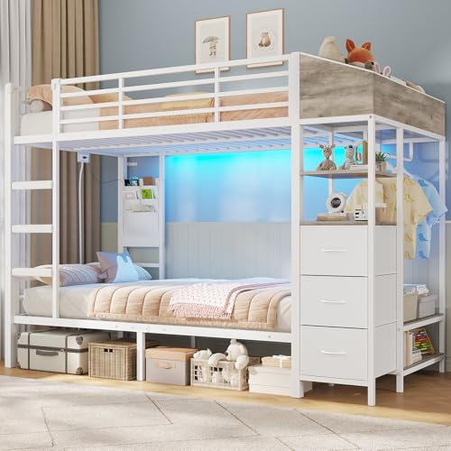 Hochbett 90x200 Jugendbett mit Treppe und Rausfallschutz Bunk Bed mit LED Beleuchtung und Ladestation Modernes Etagenbett mit Garderobenständer und Stauraum für Kinder Jugendliche und Erwachsene