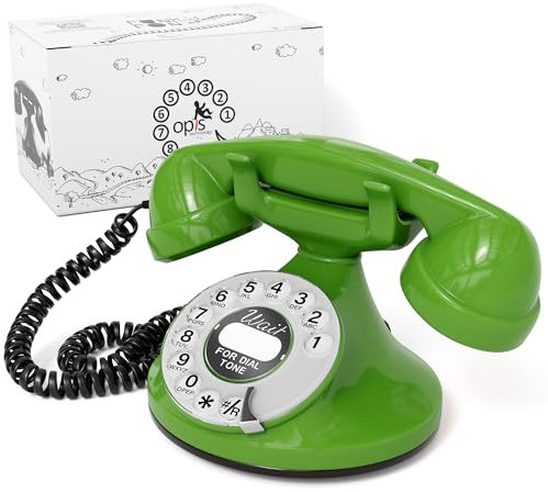 Opis FunkyFon Cable : Das Nostalgie Retro Telefon mit Wählscheibe - Nachbau von klassischem Vintage Wählscheibentelefon im geschwungenem 1920er Stil mit elektronischer Klingel (grün)