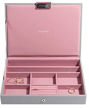 Stackers 'CLASSIC SIZE' Dove Grey Lidded STACKER Jewellery Box with Antique Pink Lining.