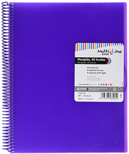 Grafoplas | Carpeta con 40 Fundas Transparentes A4| Color Violeta | Espiral PVC | Tapas Polipropileno | Gomas de Cierre | Maxiplás Multiline