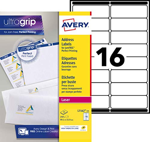 AVERY - 240 Étiquettes Adresse Autocollantes Blanches Personnalisables - Sans Bourrage - Format 99,1 x 33,9 mm - Impression Laser