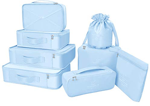 BETLLEMORY Packkuber 8 uppsättningar resebagage organisatörer med vattentät skoförvaringsväska kompressionspåsar, Ljusblått, 1.2 liters