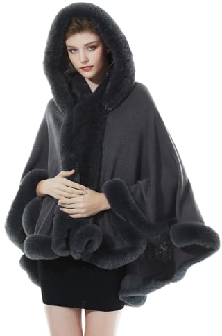 BEAUTELICATE Chal Pelo Mujer Poncho Capa de Piel Sintética Mujer Estola con Capucha de Punto Lana Abrigo Boleros para Bodas Fiesta Navidad Invierno （Gris）