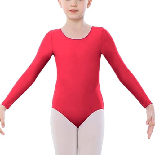 Langärmeliger Gymnastikanzug für Mädchen, glänzend, für Schule, Sport, Tanz, Turnanzug, glitzernd, athletischer Tanz-Body, Kleinkinder, Gymnastikanzug, Ballett, rot, 3-4 Jahre