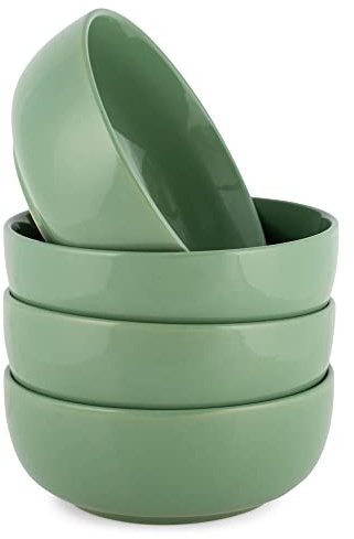 Elanze Designs Bistro Glossy Ceramic 7 inch Dinnerware Bowls Set of 4 - Perfect for Everyday uses from Pasta to Salad, Cereal to Ice cream, Ramen to Pho, Sage Green