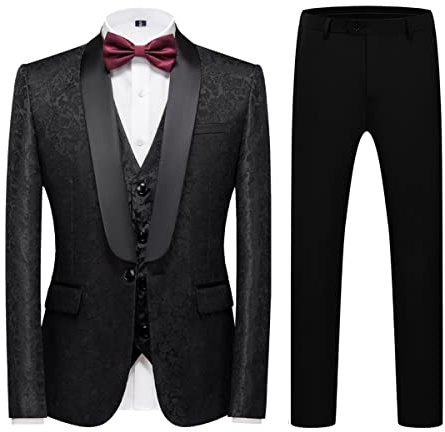 KUDORO Abito da Uomo 3 Pezzi Paisley Slim Fit Abito Abiti da Sposa Abito da Smoking Blazer Gilet Pantaloni(Nero,S)