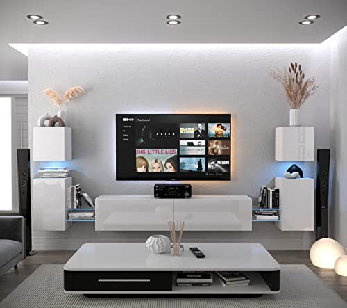 Furnitech Wohnwand Wohnzimmer | Hängend Wohnwand Modern | Wohnzimmer Schrankwand mit Regale und TV Schrank | Wohnzimmer Möbel ohne LED (AN105-21W-HG2 1A)