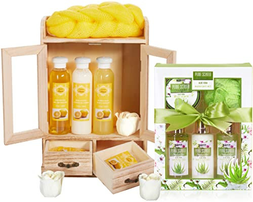 BRUBAKER Cosmetics 2 in 1 Pflegeset Lemon & Aloe Vera - Großes 15-teiliges Wellness Set - Damen Dusch- und Badeset - Frauen Beauty Geschenkset mit Deko Holzschrank