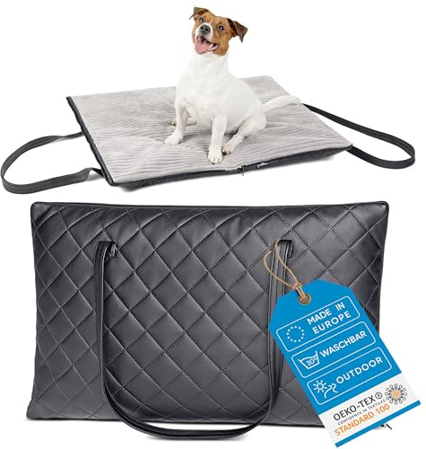 FREUDENTIER Faltbare Outdoor Hundematte | Gestepptes Kunstleder mit Cord Liegefläche | Waschbar, Wasser- und Schmutzabweisend | Hundedecke für unterwegs, Made in EU (95x70cm Liegefläche)