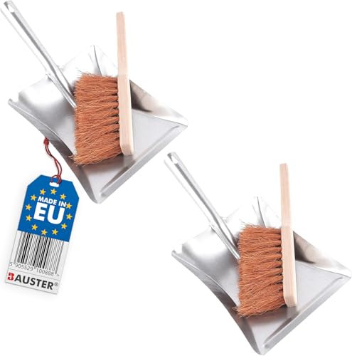 BAUSTER® 2 Stück Kokos Kehrgarnitur mit Holzbesen Besen mit Kehrschaufel Set Handbesen Schaufel Kehrblech und handfeger Metall Verzinkt Handfeger und Schaufel kaminbesen Hitzebeständig