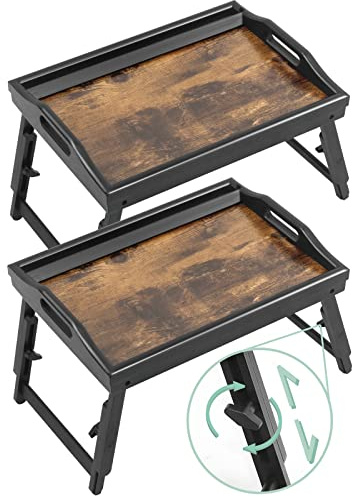 2 Pack Bed Tray Table Breakfast Trays Serving Tray Adjustable Height for Eating Bamboo Bed Laptap Floding Legs with Handles and Phone Holders