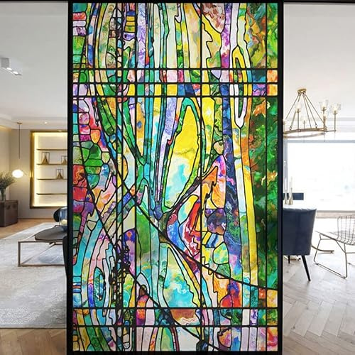 Europäische Kirche Fensterfolie Privatsphäre Buntglas Fensteraufkleber statische Haftung dekorative mattierte Fensterfolien UV-blockierende gedeckte Farben Fensterabdeckungen (G,50 x 90 cm B x H)